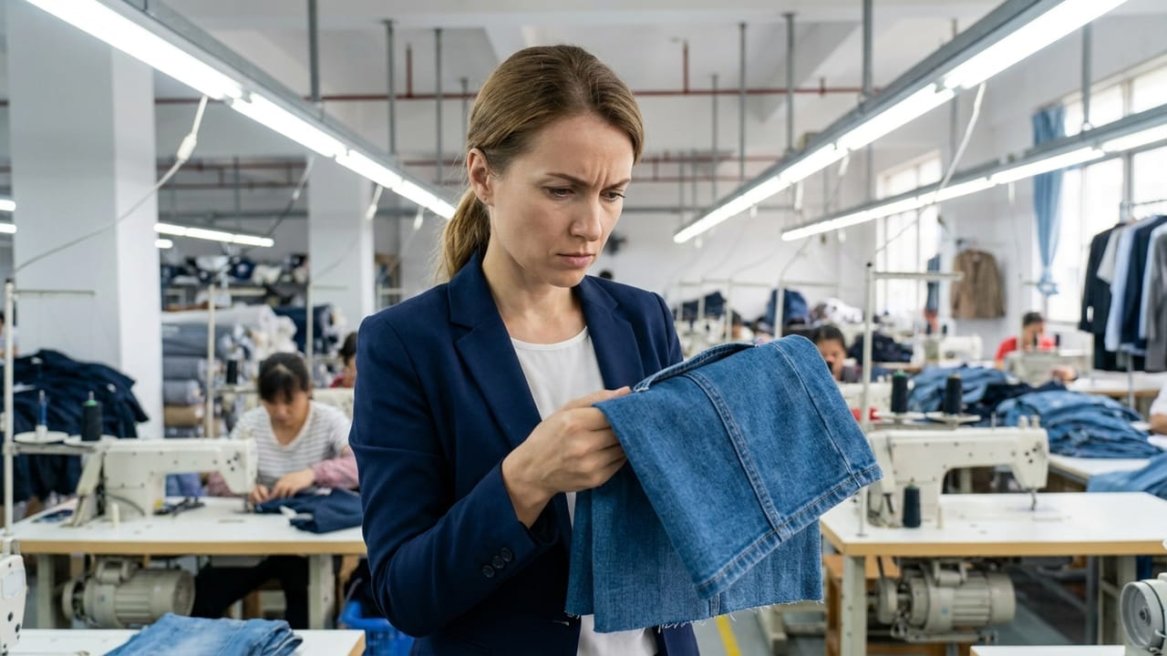 Женщина-закупщик в цеху китайской текстильной фабрики держит рядом два одинаковых образца ткани и сравнивает качество пошива
