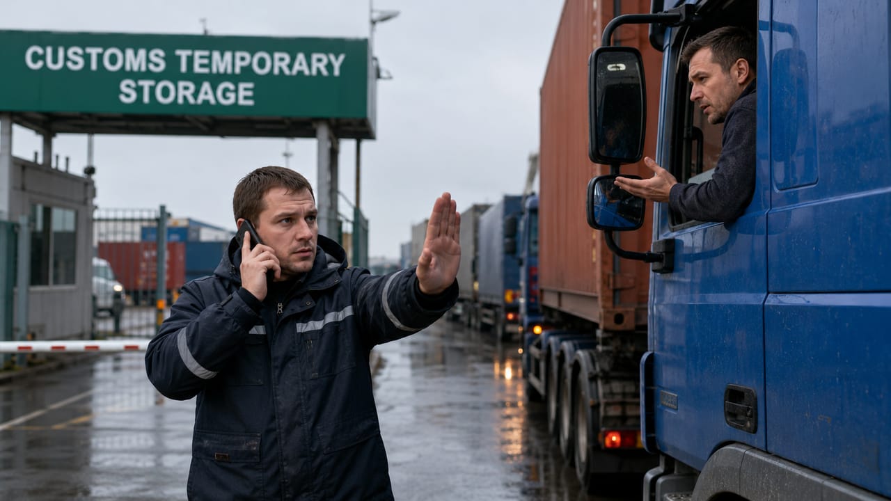 Наш таможенный менеджер у ворот склада временного хранения жестом останавливает фуру: груз ещё не выпущен таможней