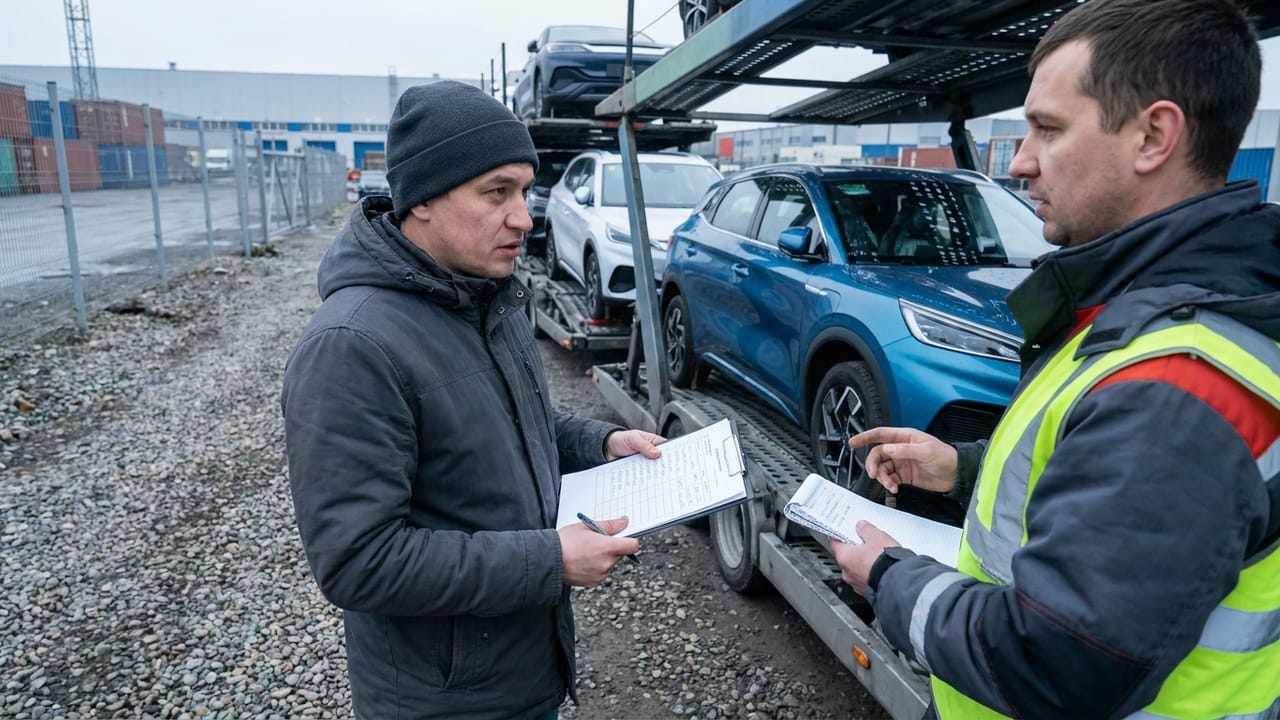 Мужчина в куртке стоит рядом с китайским кроссовером на площадке автовоза и сверяет документы с водителем