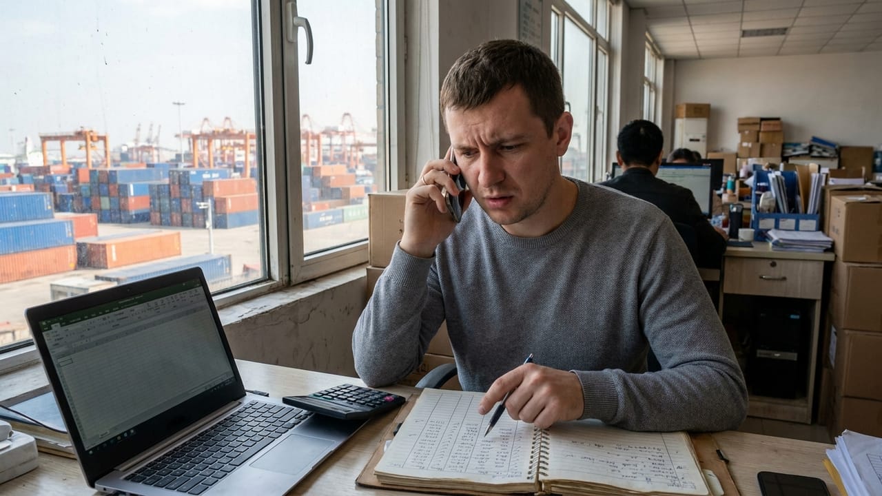 Наш менеджер по телефону сверяет расчёт стоимости доставки в блокноте у окна с видом на контейнерный порт в Китае
